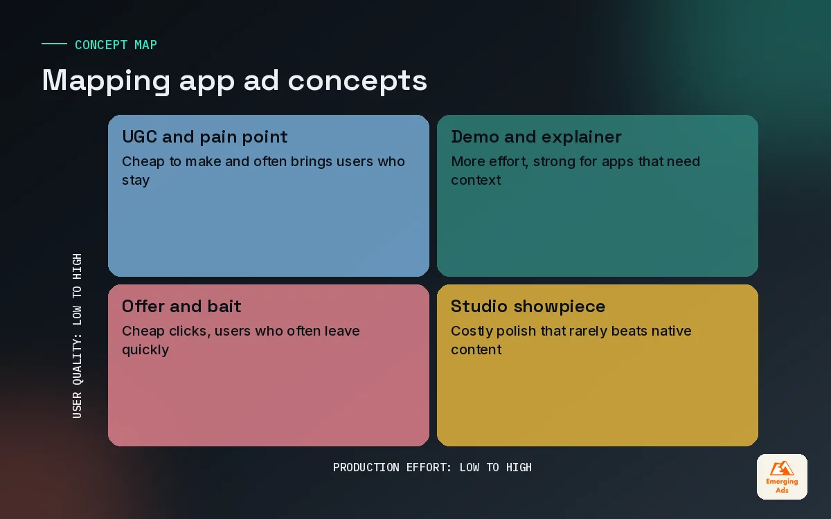 Two by two matrix placing app ad creative concepts by production effort and the quality of users they bring