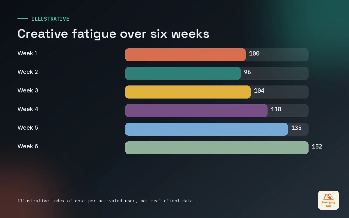 Bar chart showing an illustrative rise in cost per activated user as an app ad fatigues over six weeks