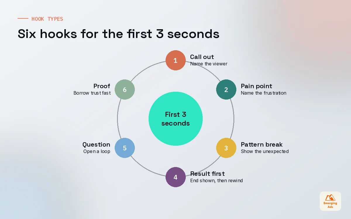 Wheel of six hook types for the first three seconds of an app ad