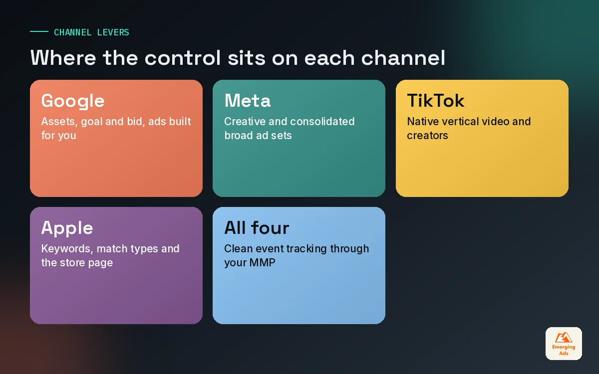 Tiles comparing how Google, Meta, TikTok and Apple app install campaigns are controlled