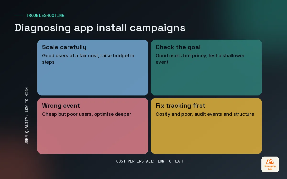 Troubleshooting matrix for app install campaigns by cost and user quality