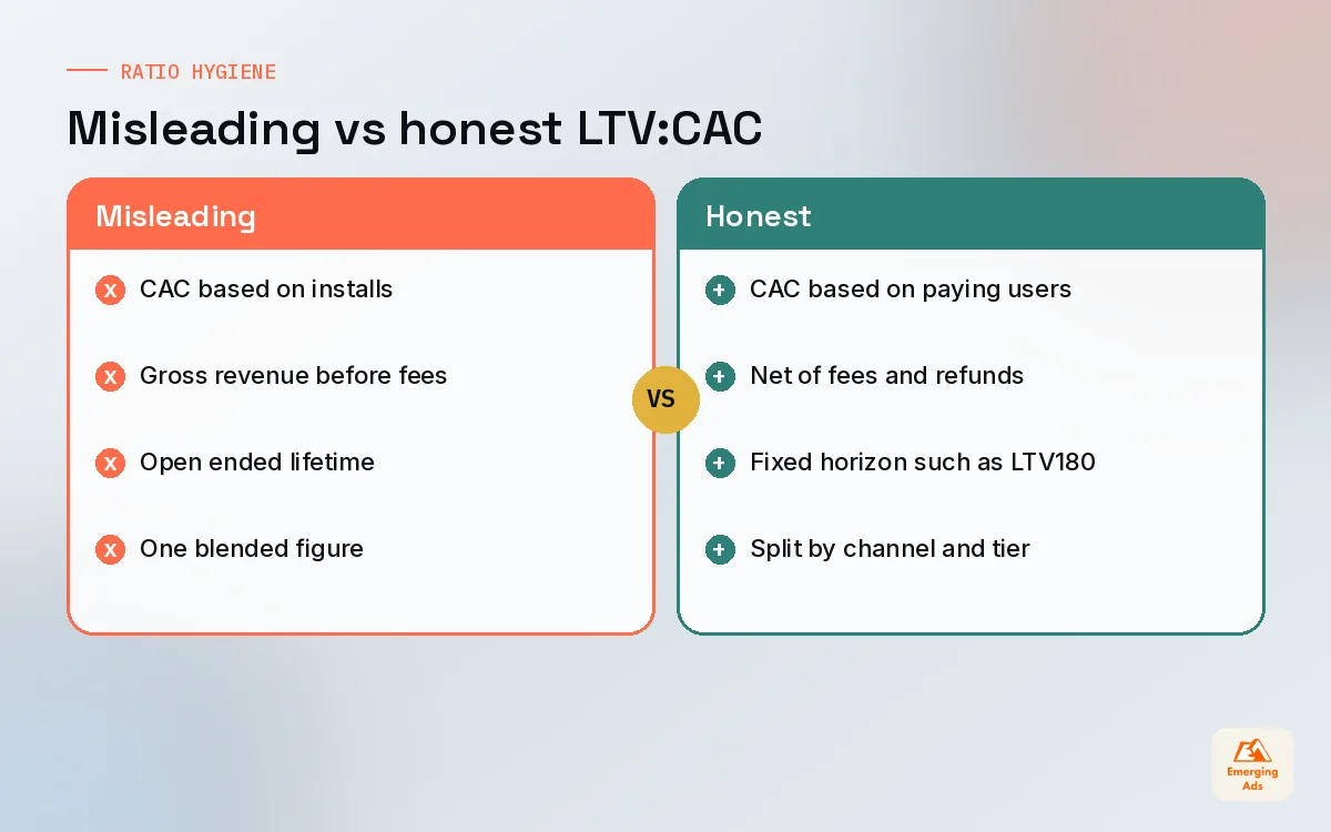 Comparison of misleading versus honest ways to calculate the LTV to CAC ratio for apps