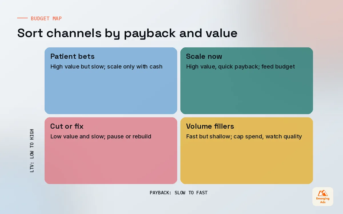 Two by two matrix placing app acquisition channels by payback speed and long term value