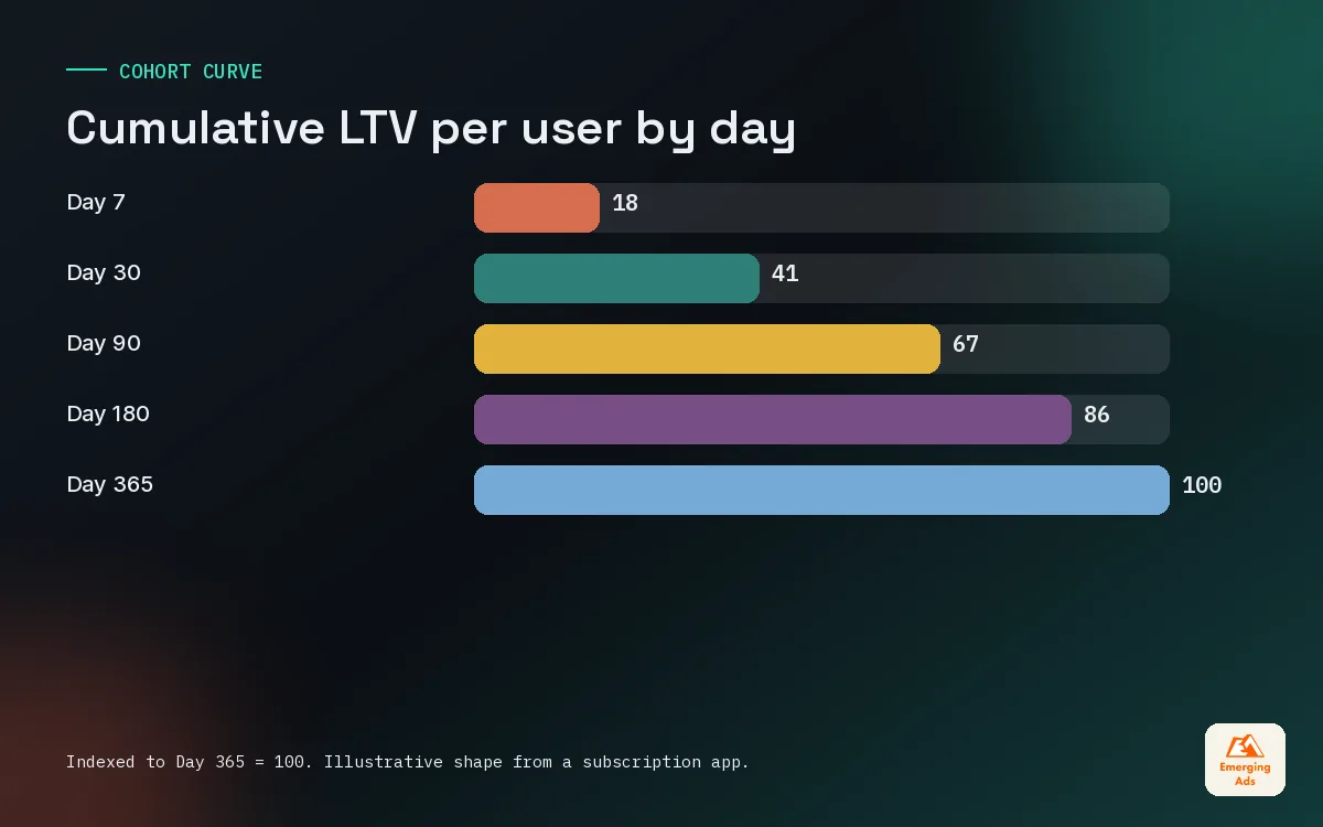 Bar chart of illustrative cumulative app LTV per user at Day 7, 30, 90 and 180