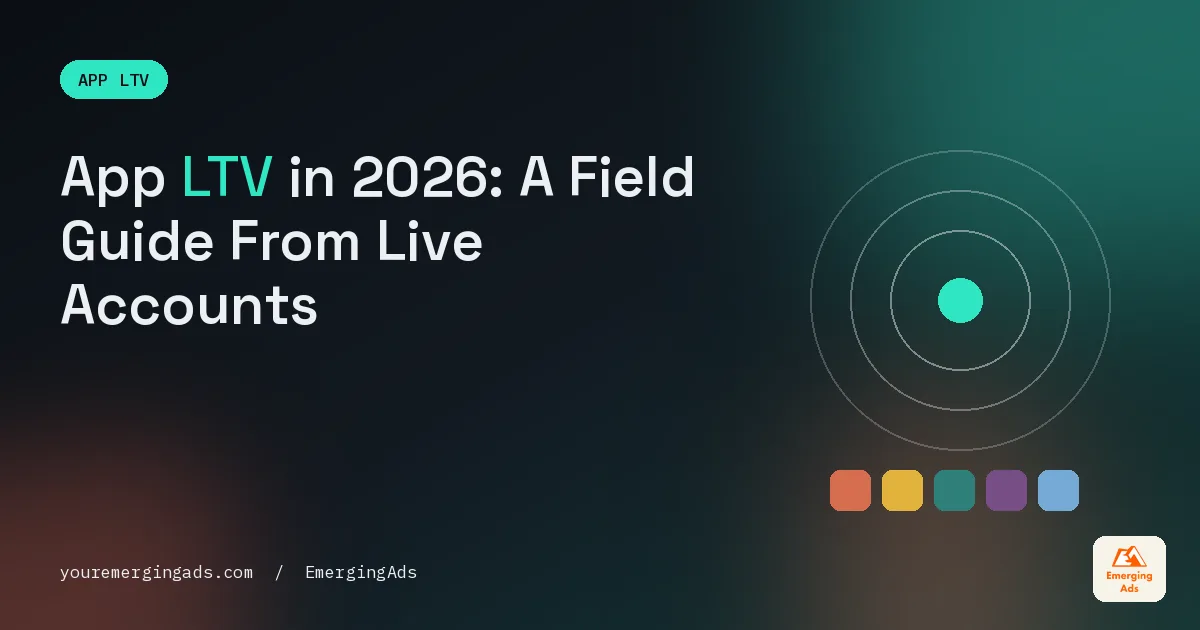App LTV field guide cover in the EmergingAds editorial palette with the headline App LTV in 2026, A Field Guide From Live Accounts