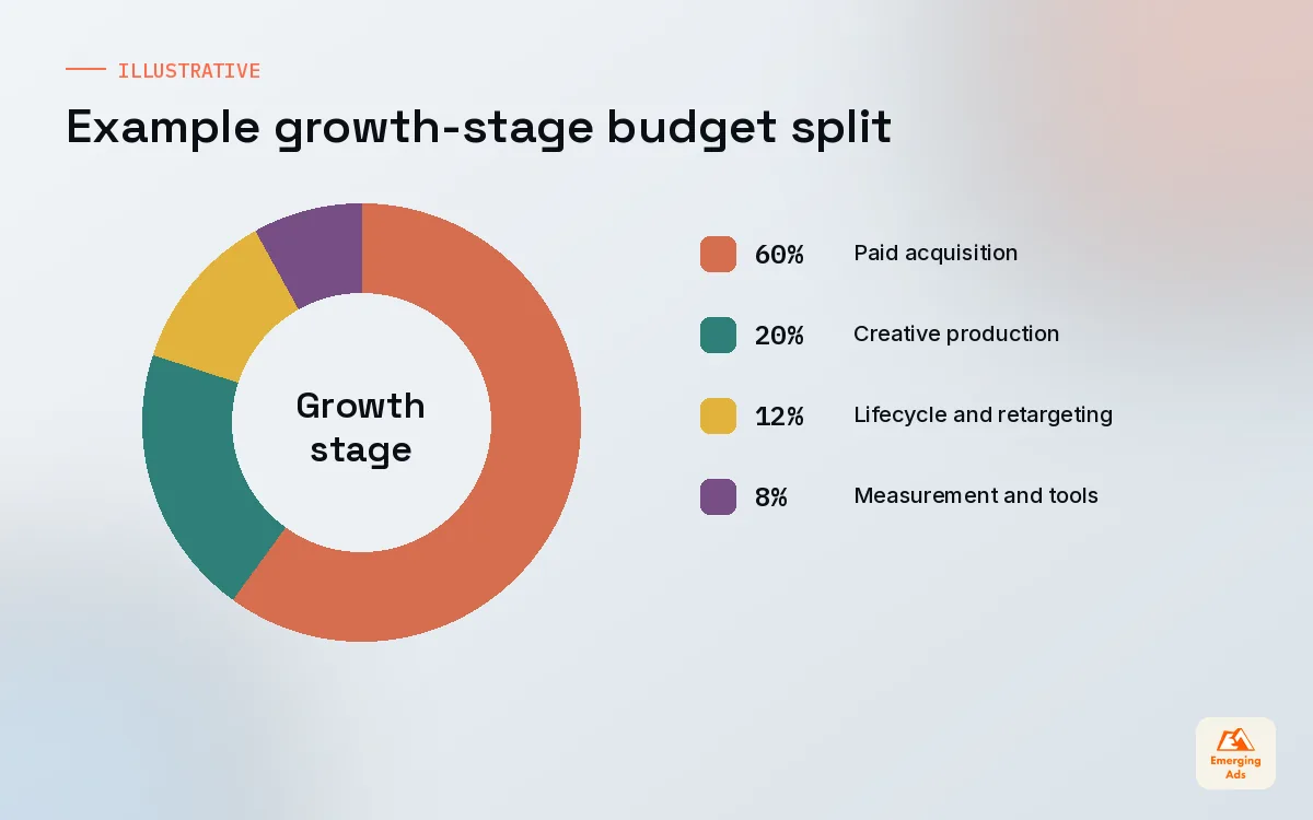 Donut chart of an example growth stage app marketing budget split between paid acquisition, creative, lifecycle and measurement