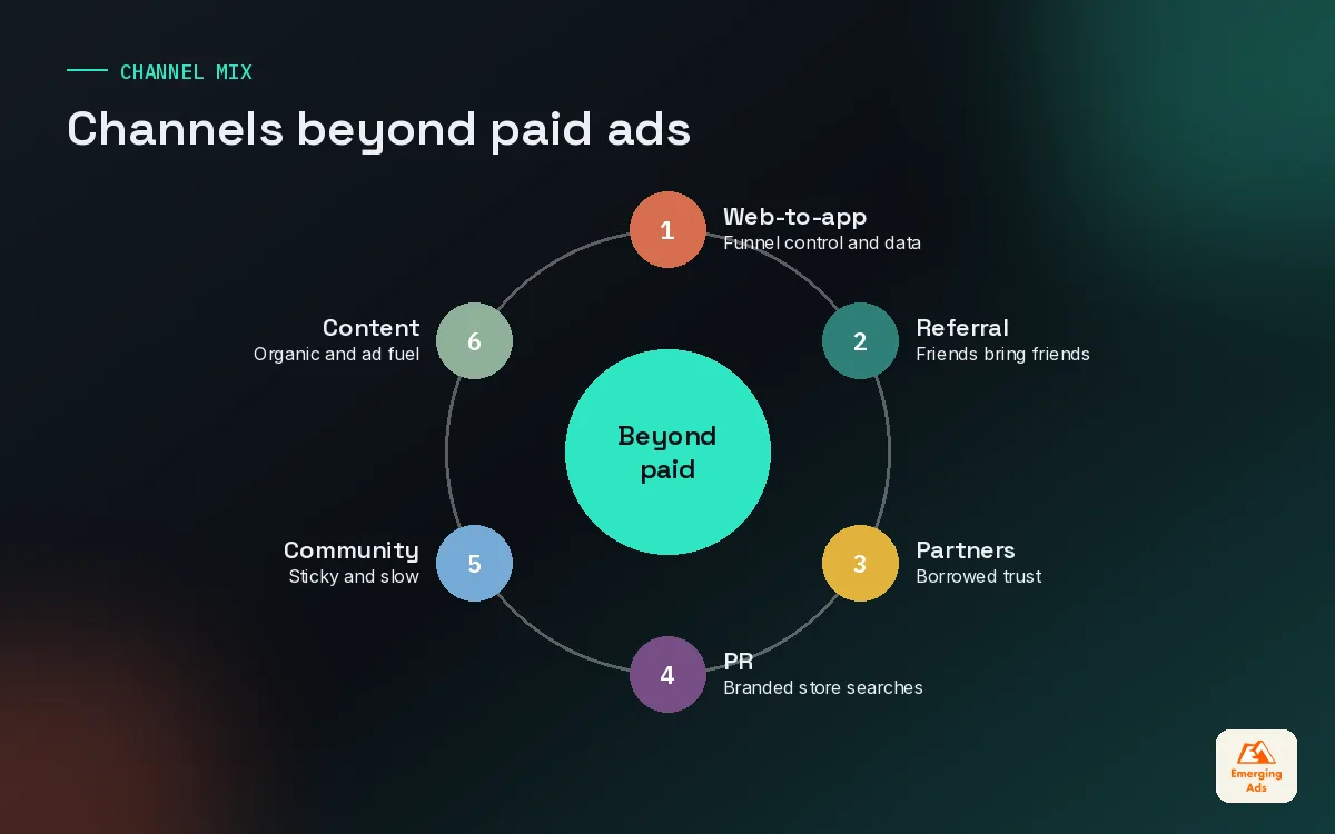Wheel diagram of app marketing channels beyond paid ads including web-to-app, referral, partnerships, PR, community and content