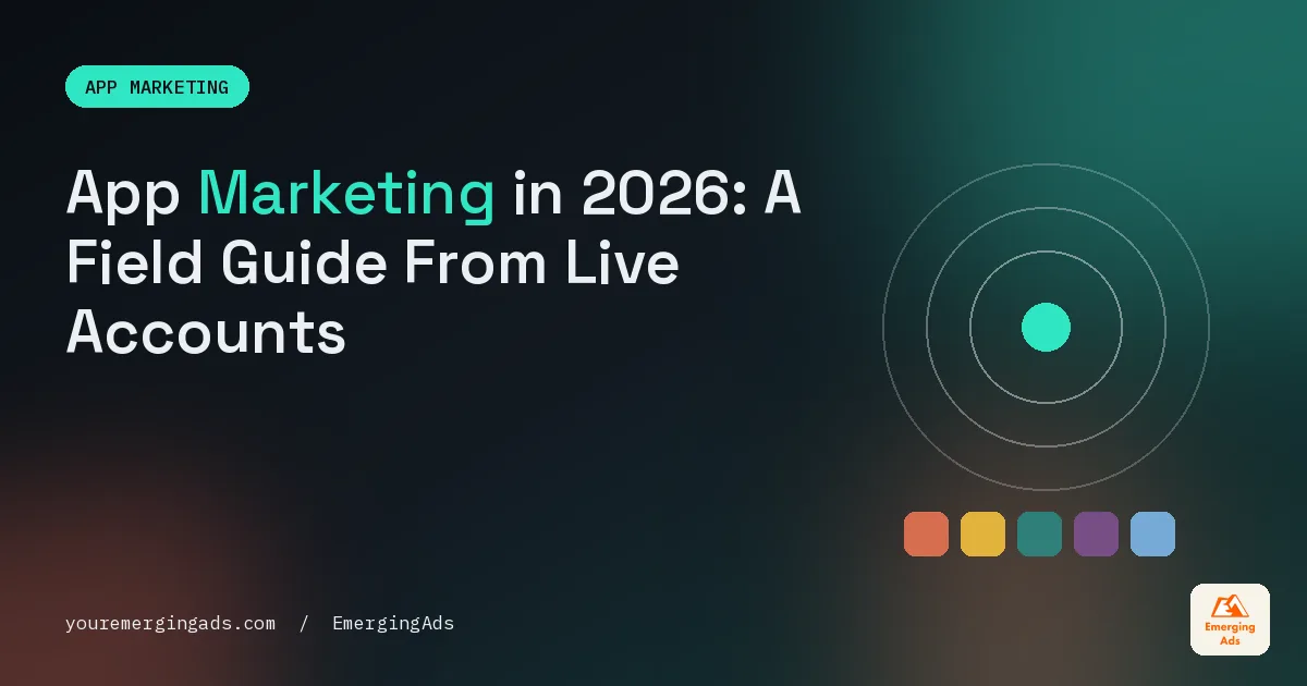 App marketing field guide cover with the headline App Marketing in 2026, A Field Guide From Live Accounts