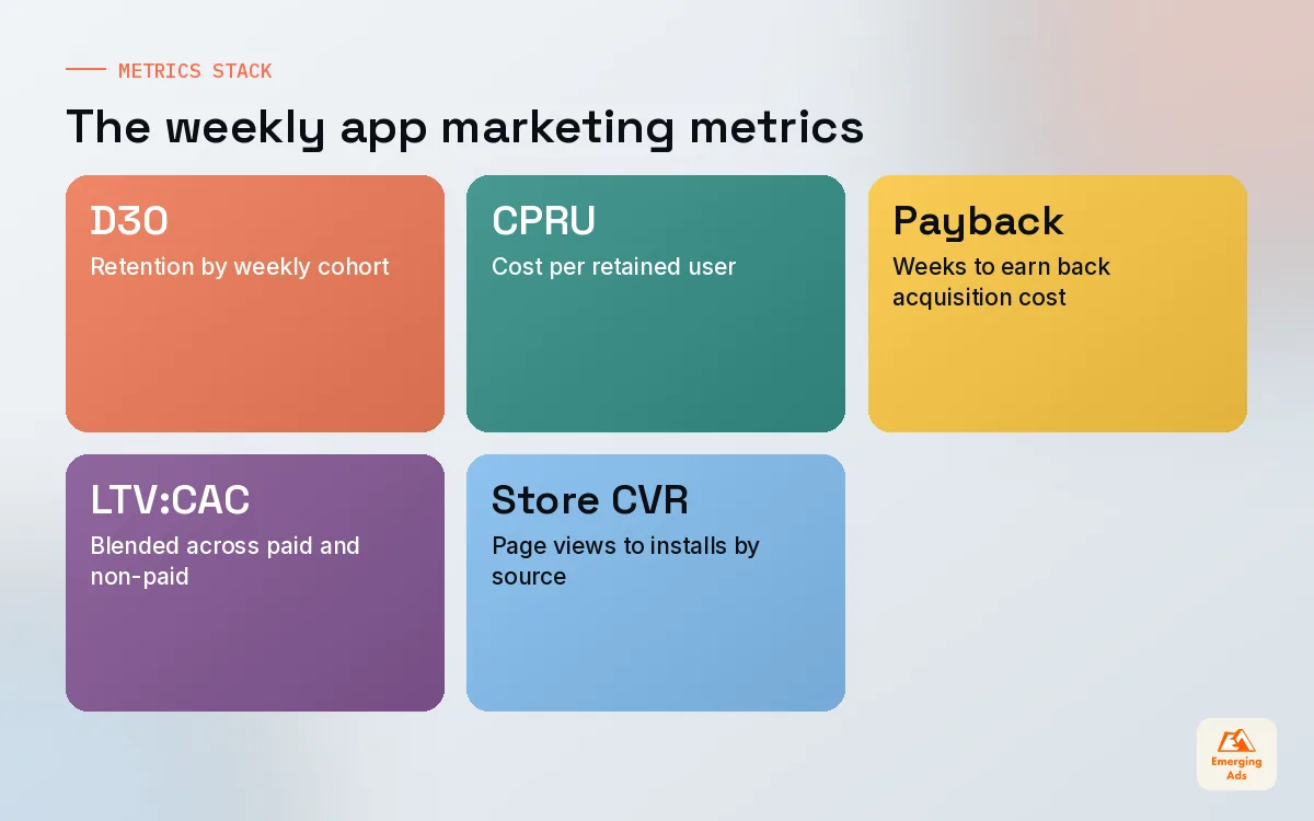 Tiles showing the weekly app marketing metrics stack: Day-30 retention, cost per retained user, payback, LTV to CAC and store conversion