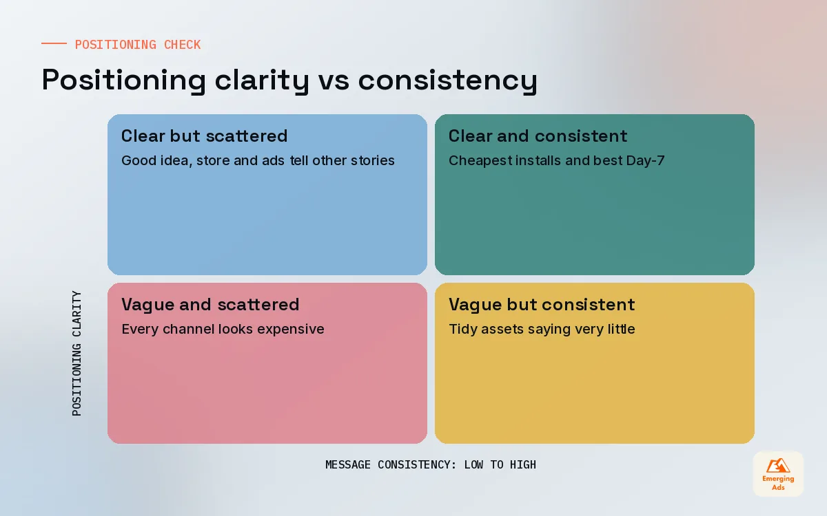 Two by two matrix comparing app positioning clarity against store page and onboarding consistency