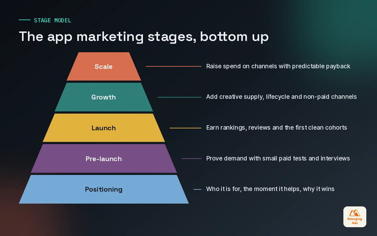 Pyramid showing the stages of app marketing from positioning at the base through pre-launch, launch and growth to scale at the top