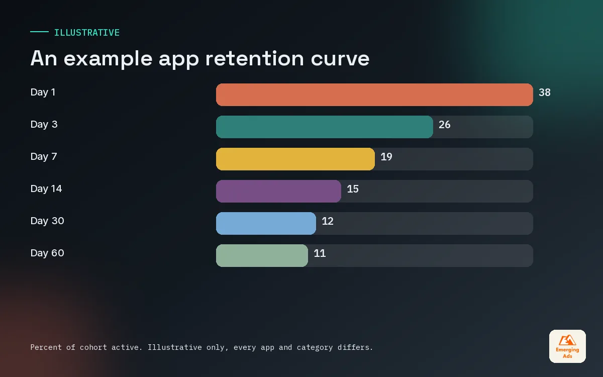 Bar chart of an example app retention curve from Day 1 to Day 60 showing the early drop and the flattening floor