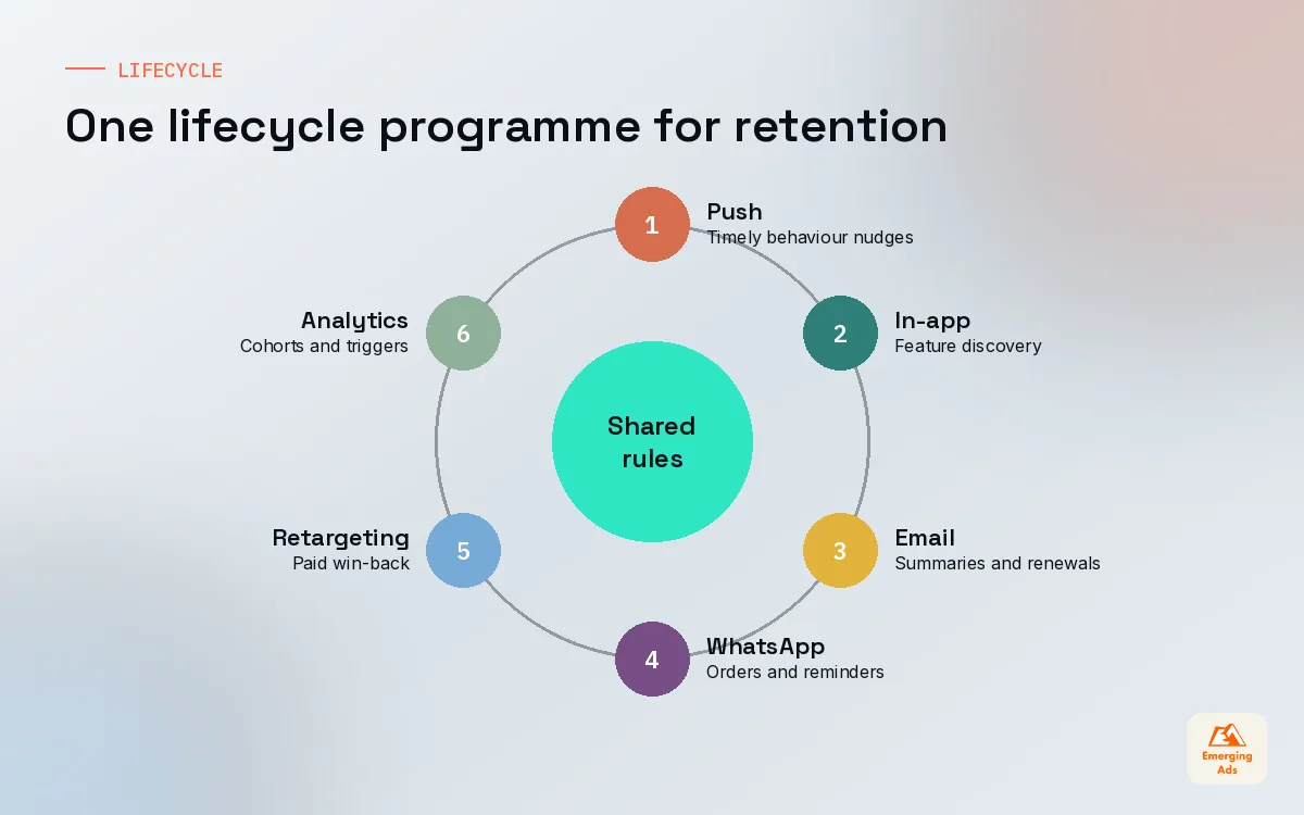 Wheel diagram of an app lifecycle messaging programme covering push, in-app messages, email, WhatsApp, retargeting and analytics