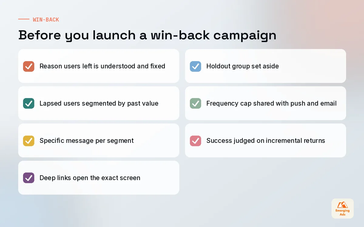 Checklist for planning an app win-back and retargeting campaign for lapsed users