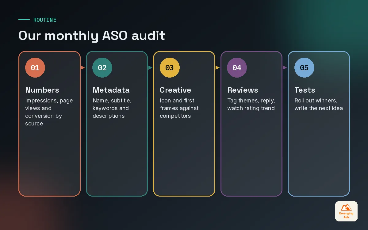 Five step monthly app store optimisation audit from numbers and metadata through creative, reviews and test results