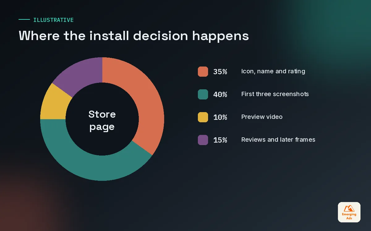 Donut chart showing where store page visitors typically make their install decision, from icon and rating to deeper screenshots