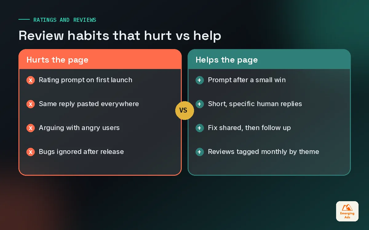 Comparison of poor review habits against good review habits for app store ratings