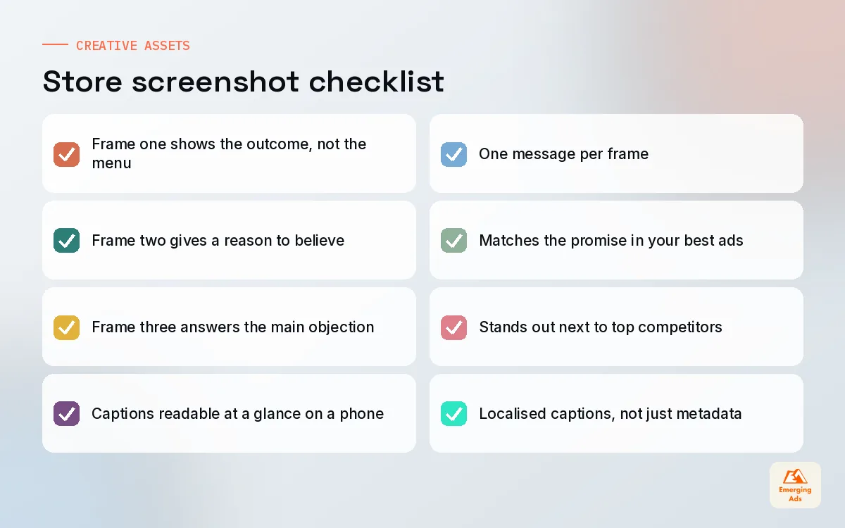 Checklist for app store screenshots covering the outcome frame, proof, objections, readable captions and consistent design