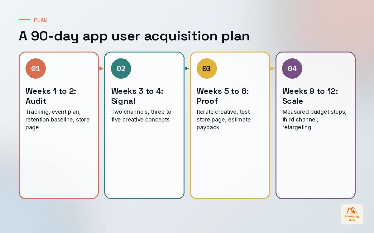Four step 90-day app user acquisition plan from tracking audit to measured scaling