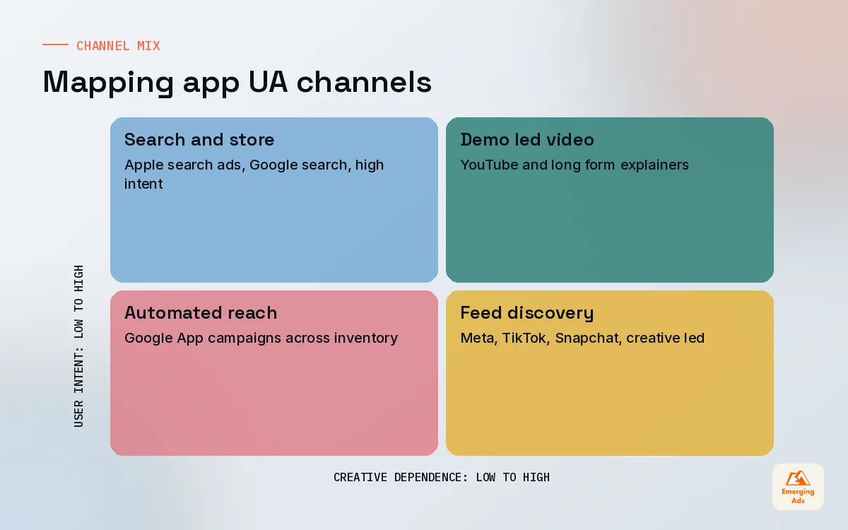 Two by two matrix of app user acquisition channels by user intent and creative dependence