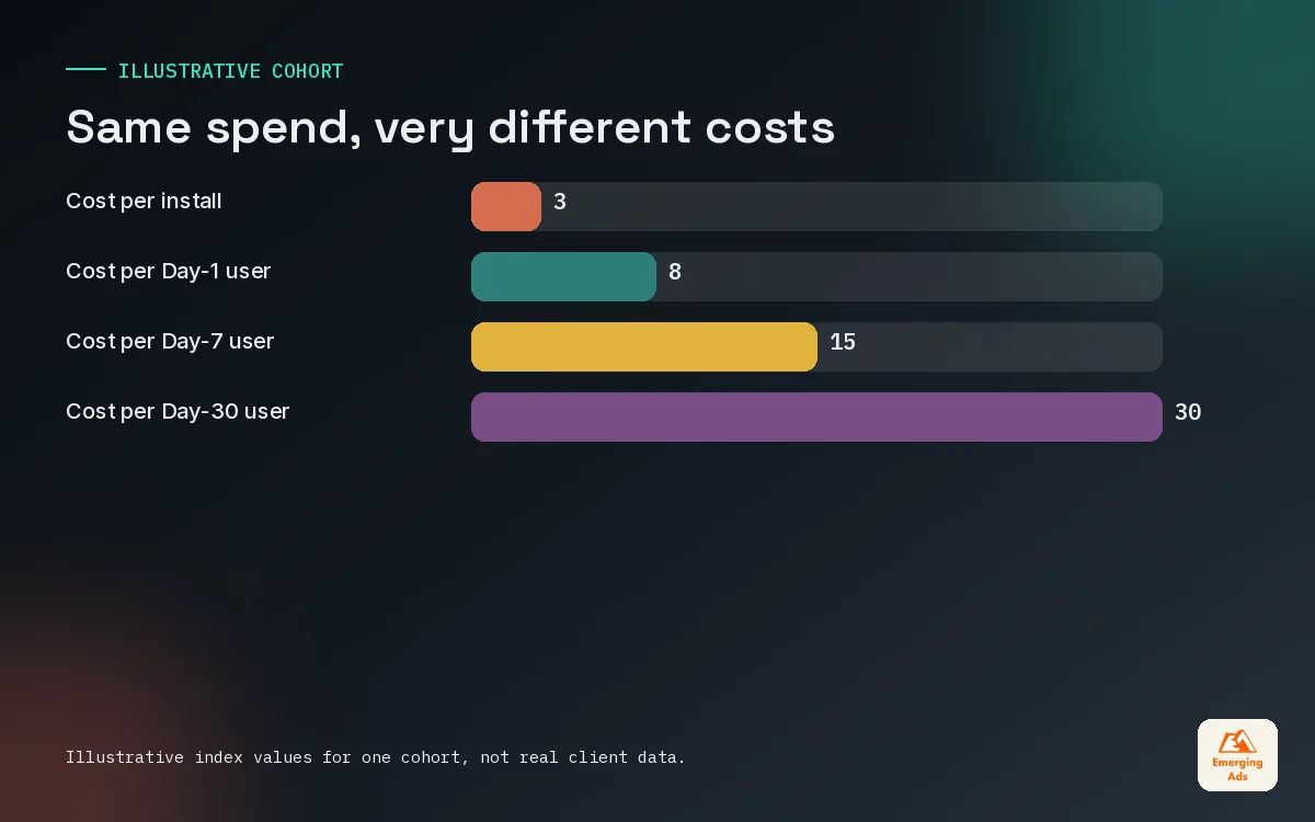 Bar chart comparing cost per install with cost per Day-7 and Day-30 retained user for one app cohort