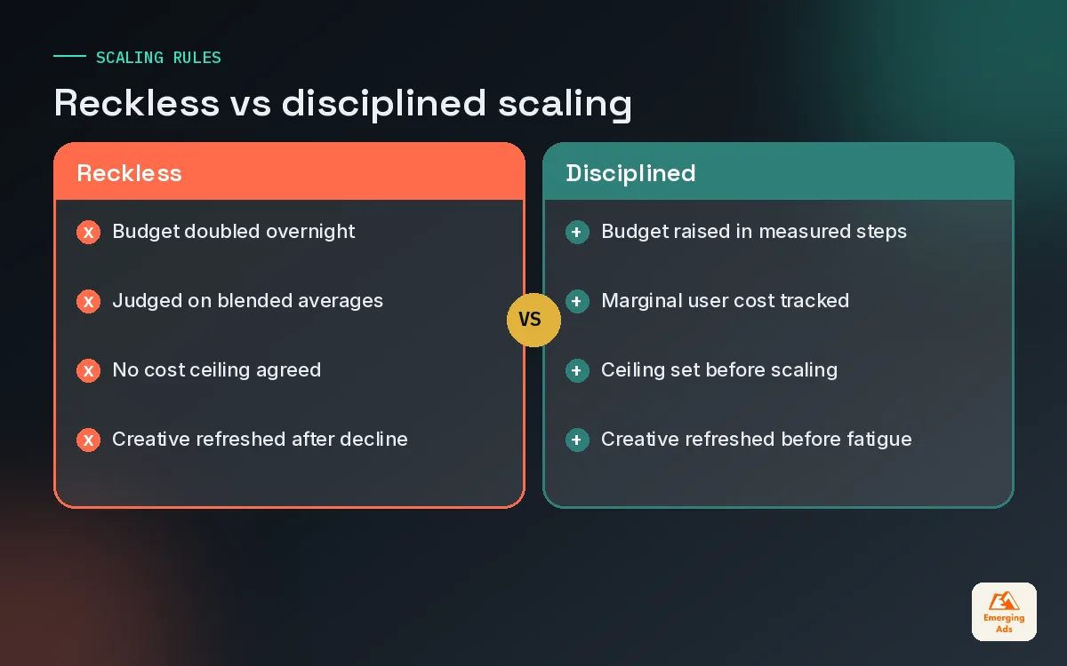 Comparison of reckless scaling habits versus disciplined scaling rules for app user acquisition