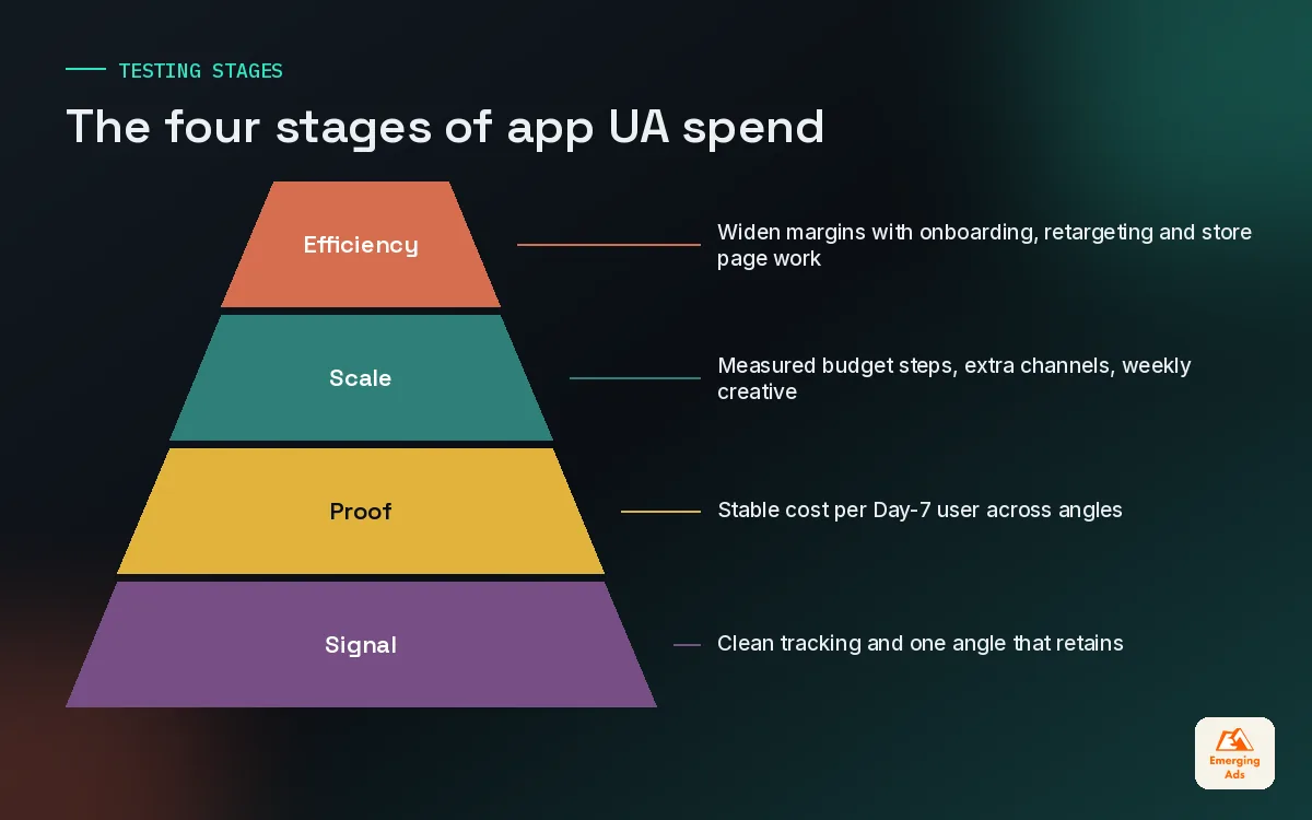 Pyramid of app user acquisition stages from signal at the base through proof and scale to efficiency