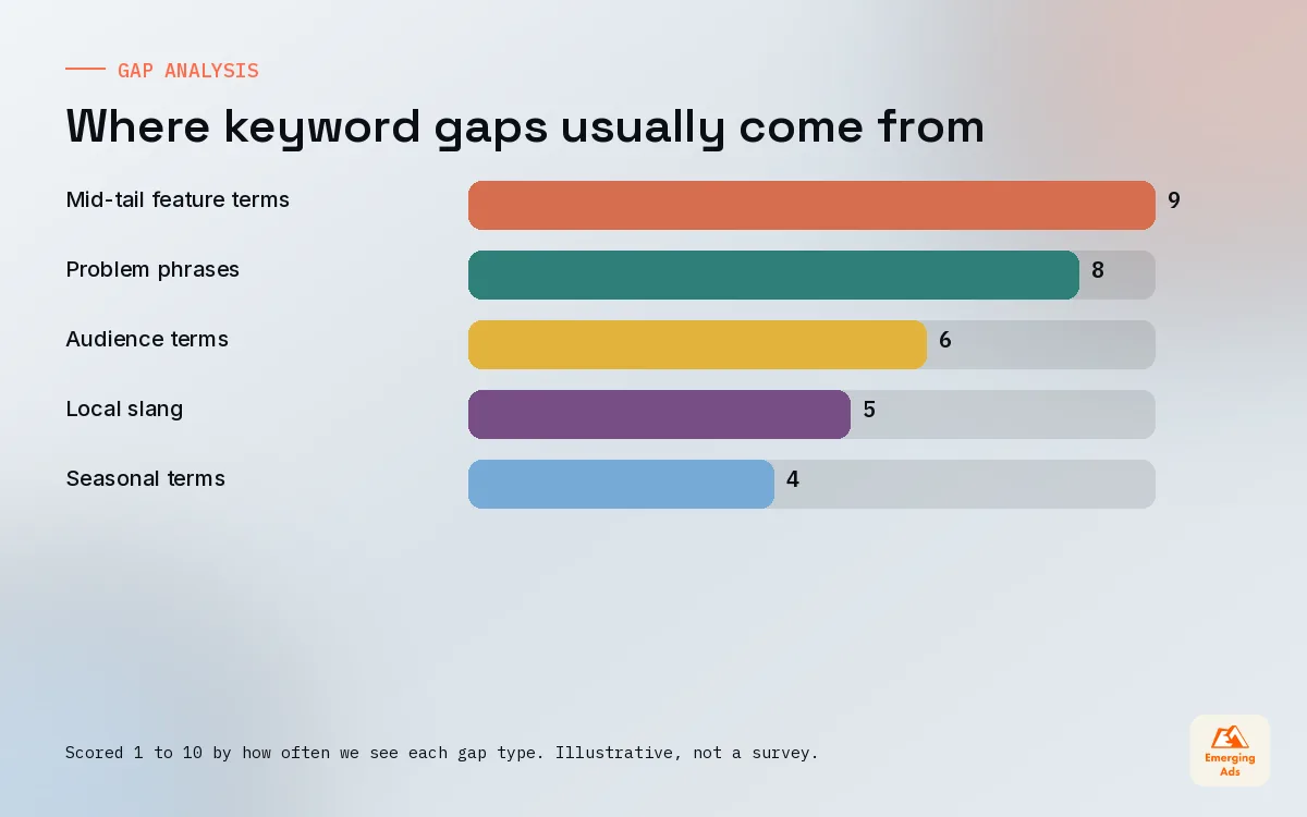 Bar chart of where competitor keyword gaps usually come from in ASO audits