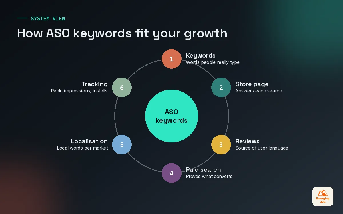 Wheel showing how ASO keywords connect to store creative, paid search, reviews and retention
