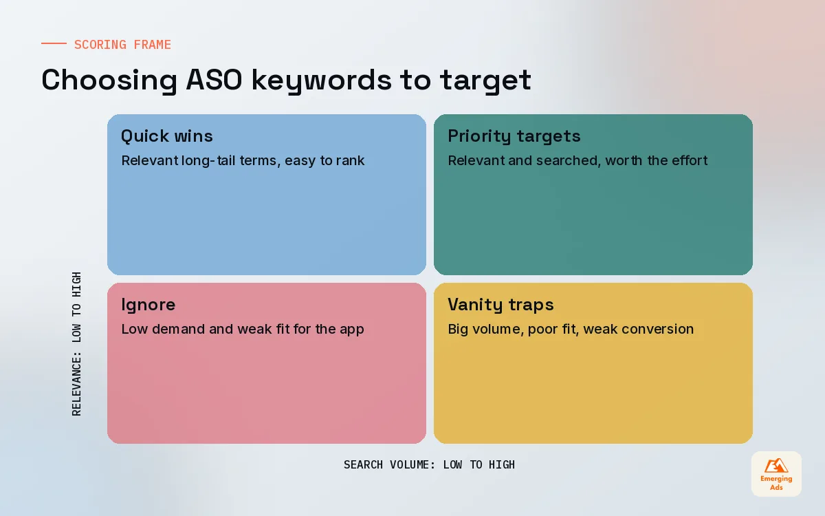 Matrix plotting ASO keywords by search volume and relevance to show which terms to target first