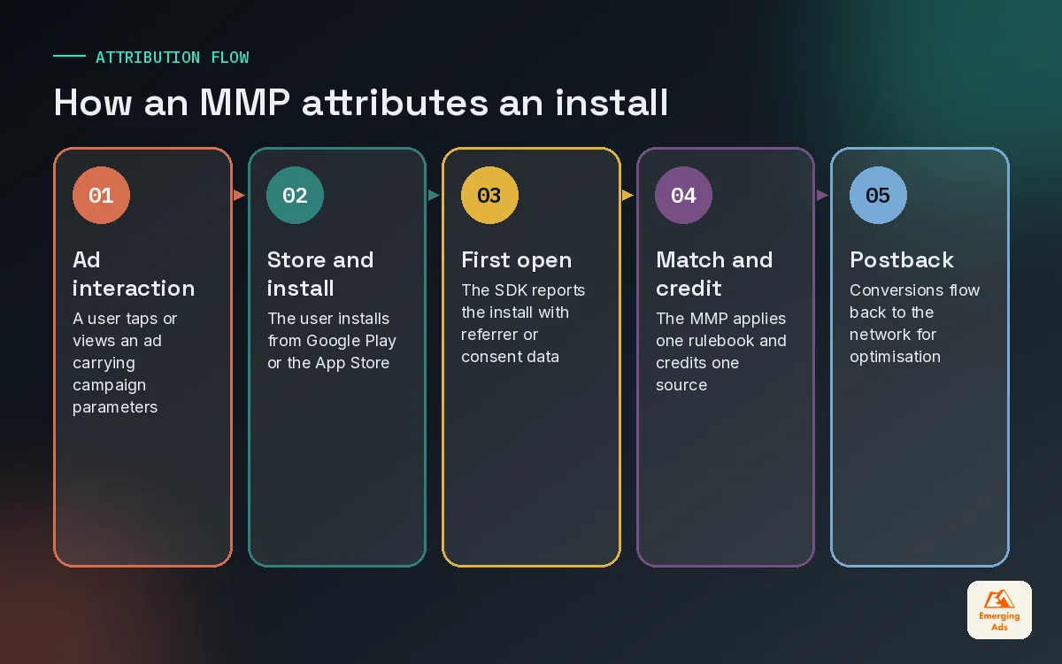 Step diagram of how a mobile measurement partner attributes an app install from ad click to postback
