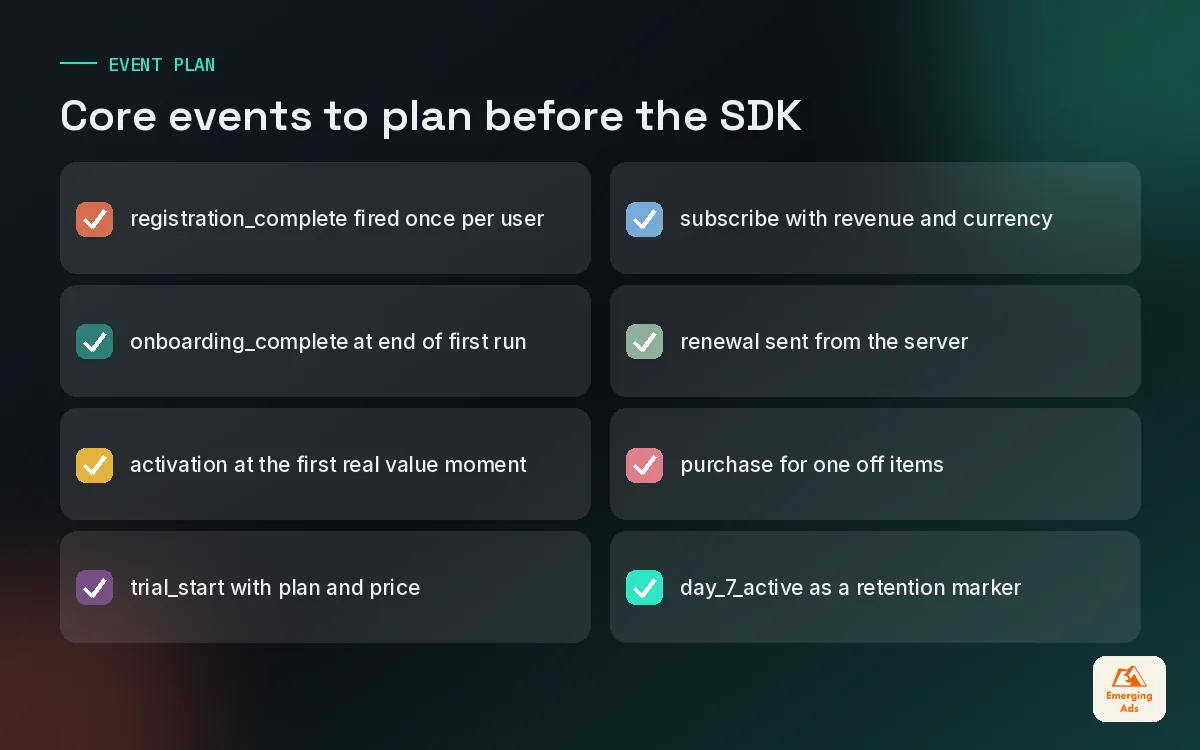 Checklist of core in-app events to plan before installing a mobile measurement partner SDK