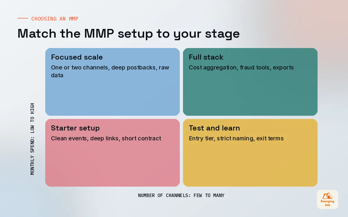 Matrix comparing MMP choices by spend level and number of ad channels