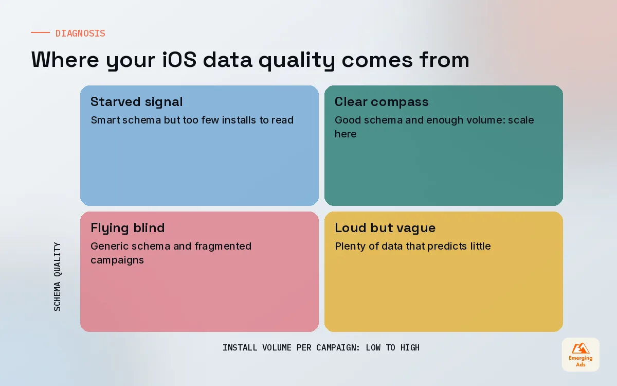 Two by two matrix of iOS campaign volume against schema quality showing which SKAdNetwork setups produce readable data