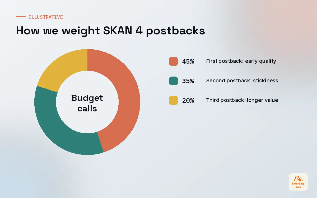 Donut chart showing an illustrative split of how campaign decisions draw on first, second and third SKAN 4 postbacks